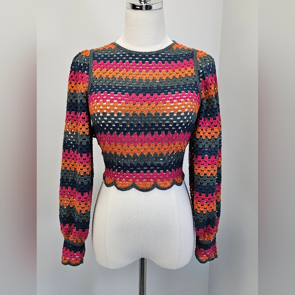 Zara Womens Open Back Sweater Small Crochet Green Pink Orange